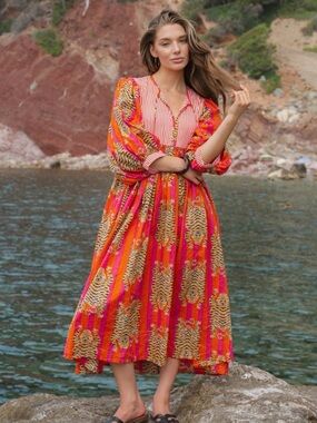 House of Sundar Tara Midi Dress Red Tigress Women’s Medium Boho Beach Resortwear